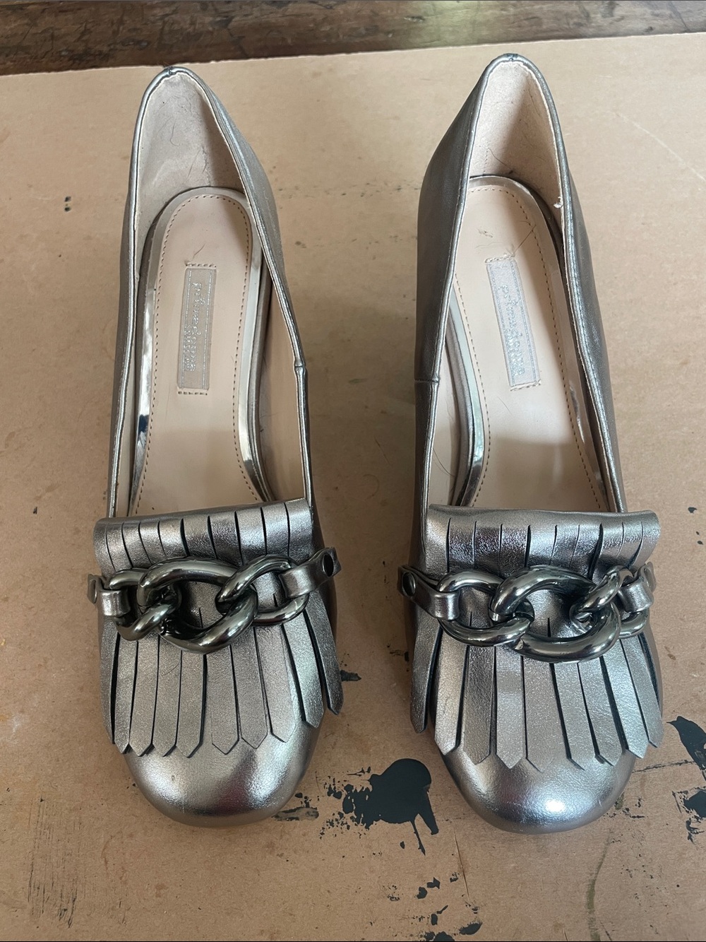 Prima Donna Metallic Silver Kiltie Loafer Heels with Chain